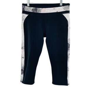 Fila Black White Marble Trim Athletic Crop Stretch Yoga Capri Leggings Pants M